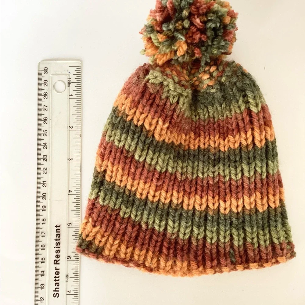 Hat Beanie Hand Crafted Baby Pom Pom Knit Green Rust Orange Knit Fall